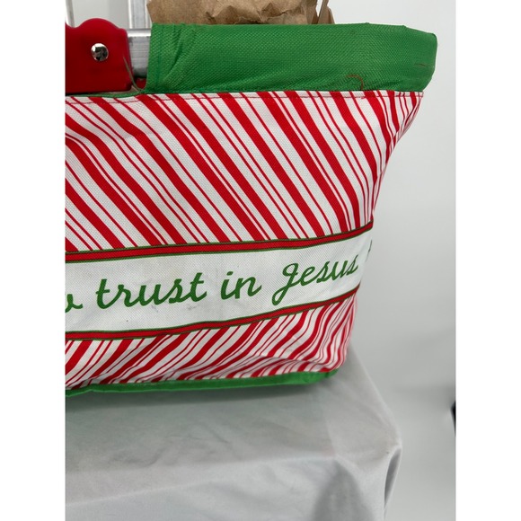 Christmas Candy Cane Trust in Jesus Collapsible Basket w/Handle Red White Green - Picture 3 of 6